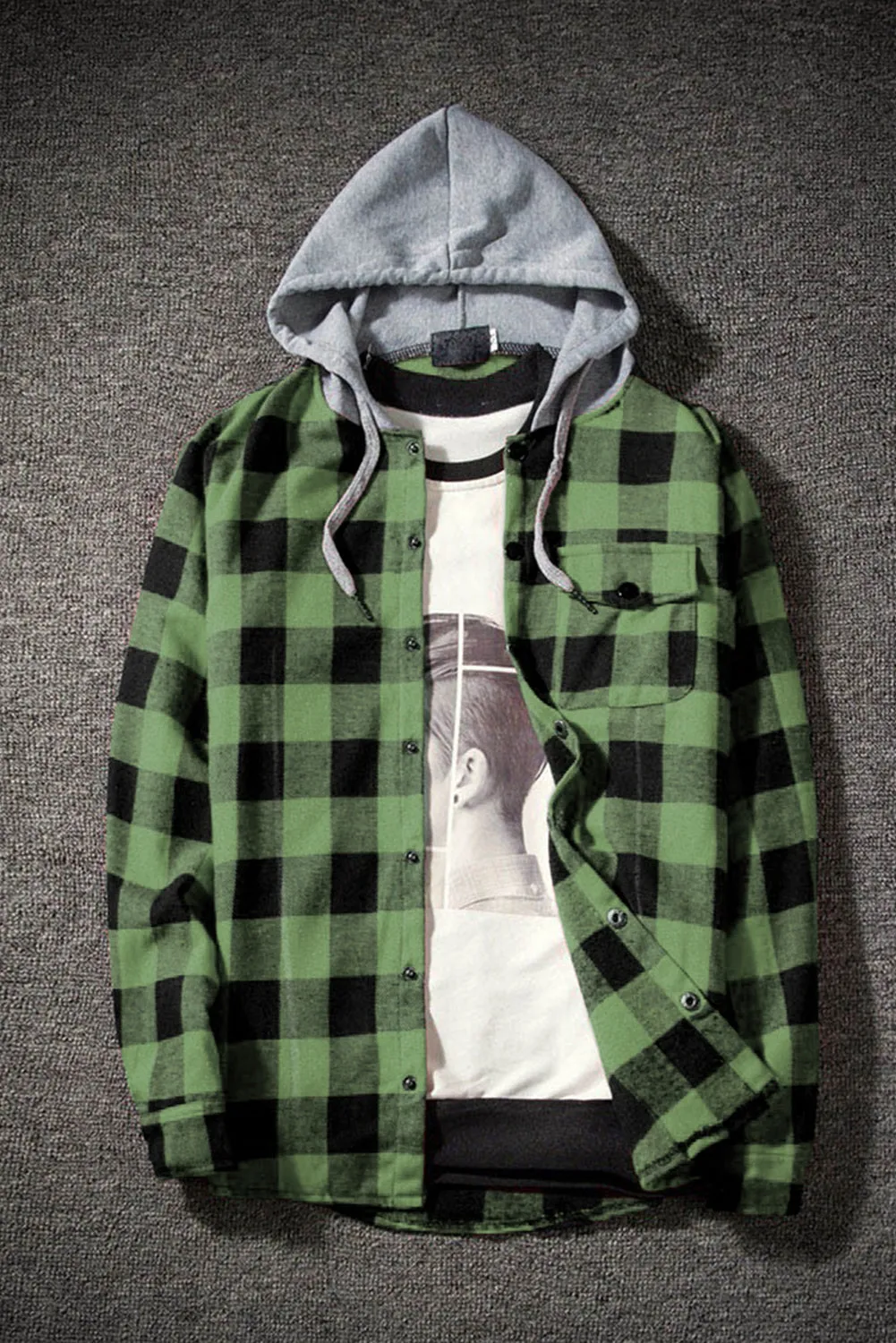 Mens Plaid Printed Drawstring Hooded Shacket