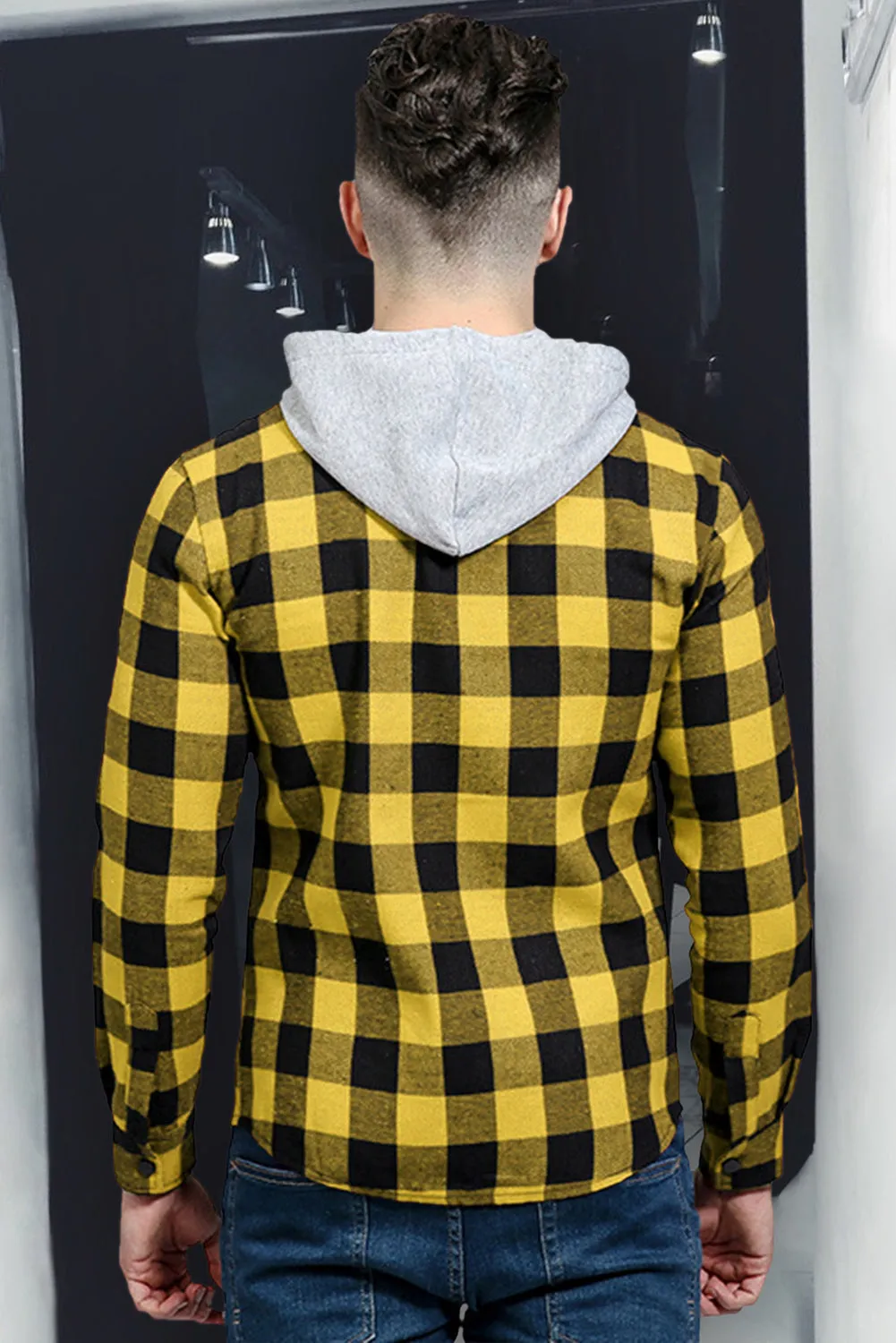 Mens Plaid Printed Drawstring Hooded Shacket
