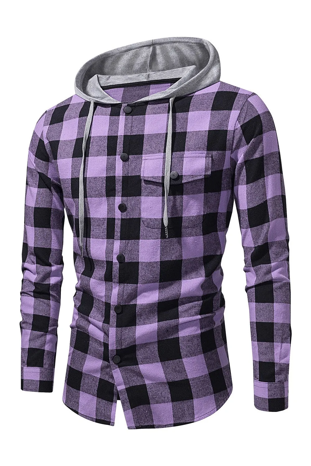 Mens Plaid Printed Drawstring Hooded Shacket