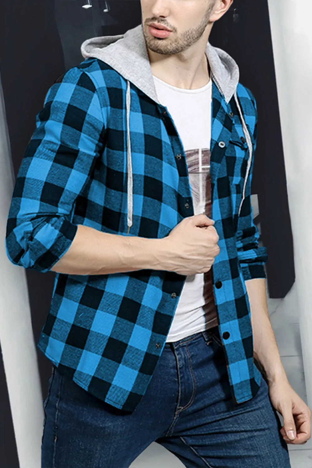 Mens Plaid Printed Drawstring Hooded Shacket