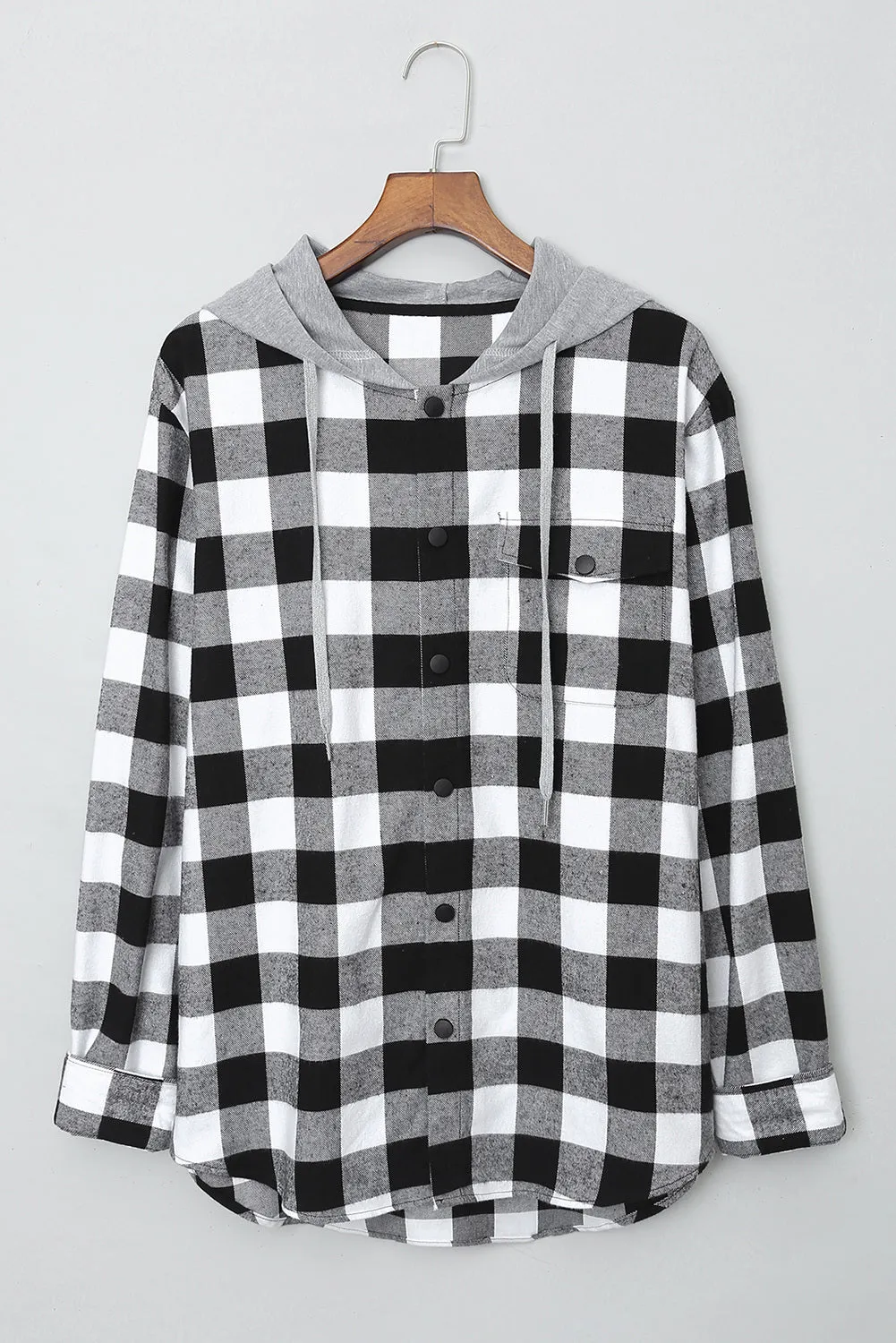 Mens Plaid Printed Drawstring Hooded Shacket