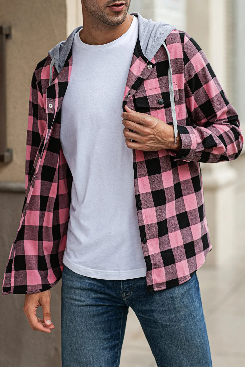 Mens Plaid Printed Drawstring Hooded Shacket