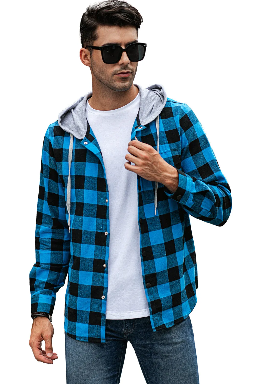 Mens Plaid Printed Drawstring Hooded Shacket