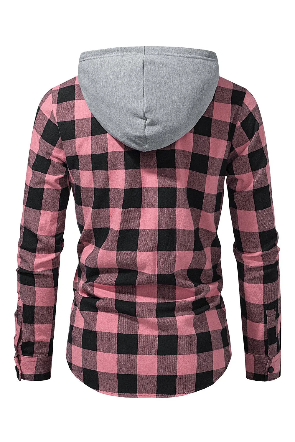Mens Plaid Printed Drawstring Hooded Shacket