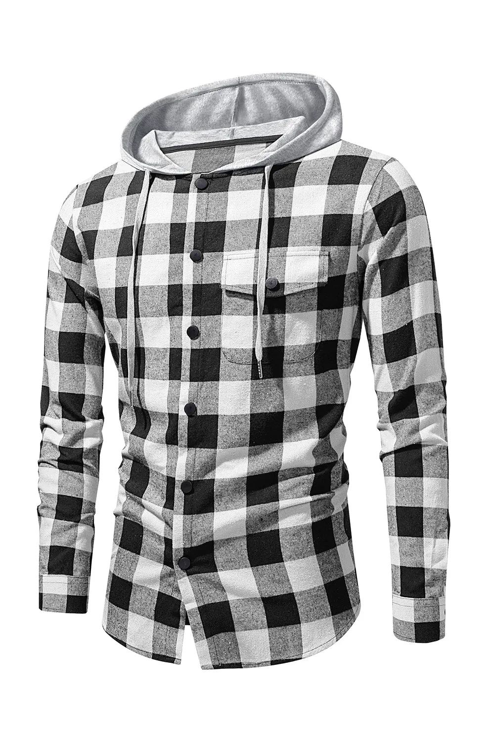 Mens Plaid Printed Drawstring Hooded Shacket