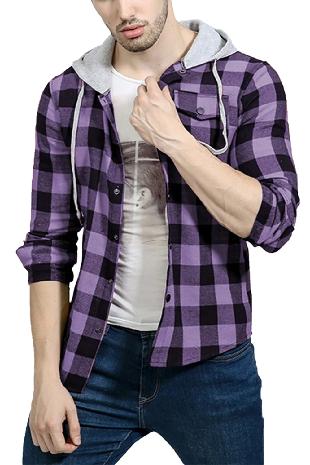 Mens Plaid Printed Drawstring Hooded Shacket
