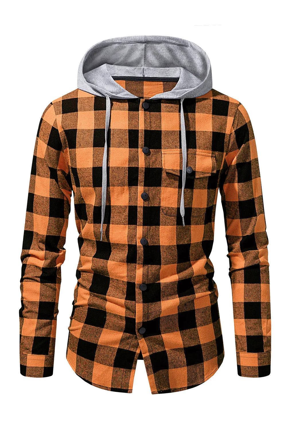 Mens Plaid Printed Drawstring Hooded Shacket