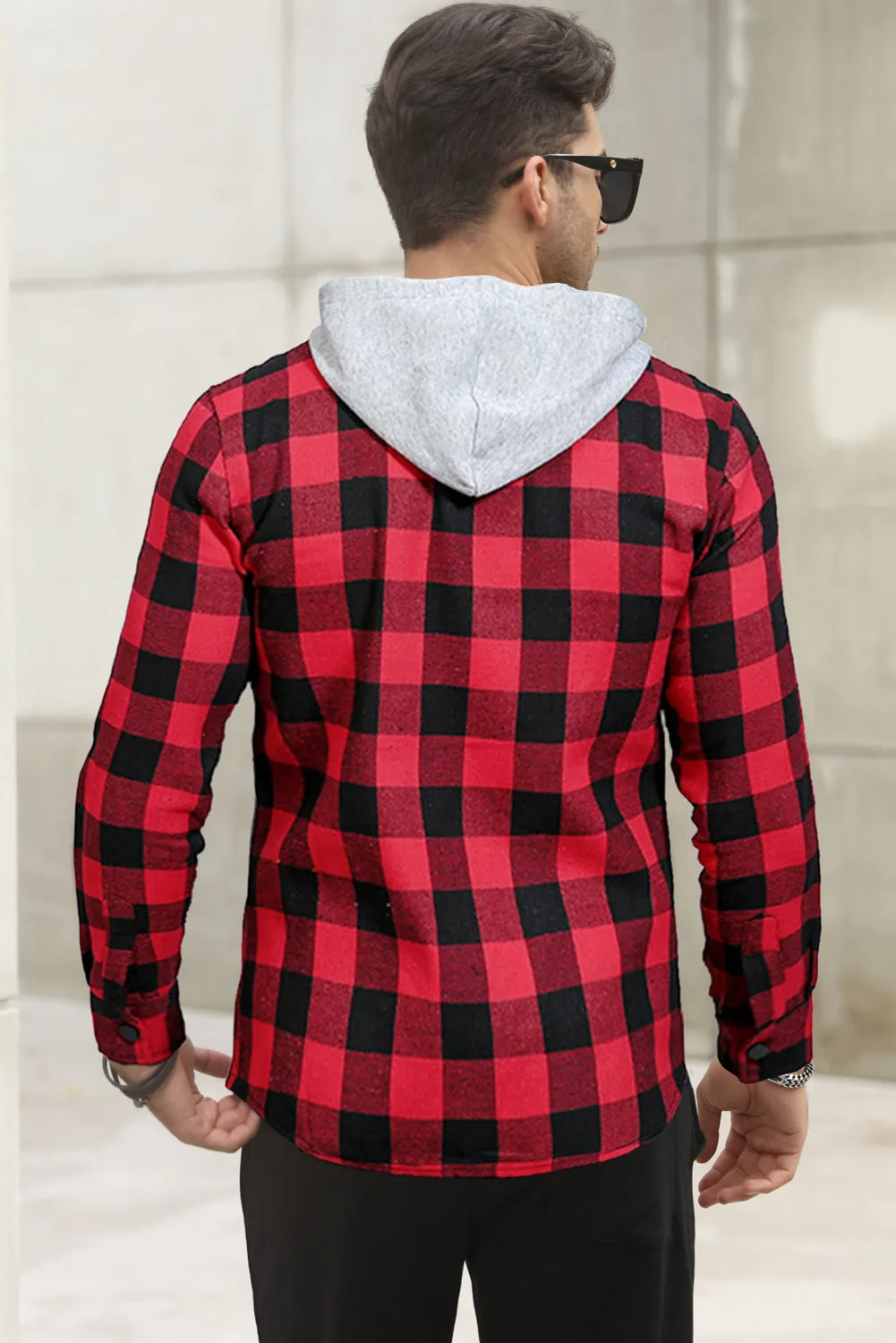 Mens Plaid Printed Drawstring Hooded Shacket