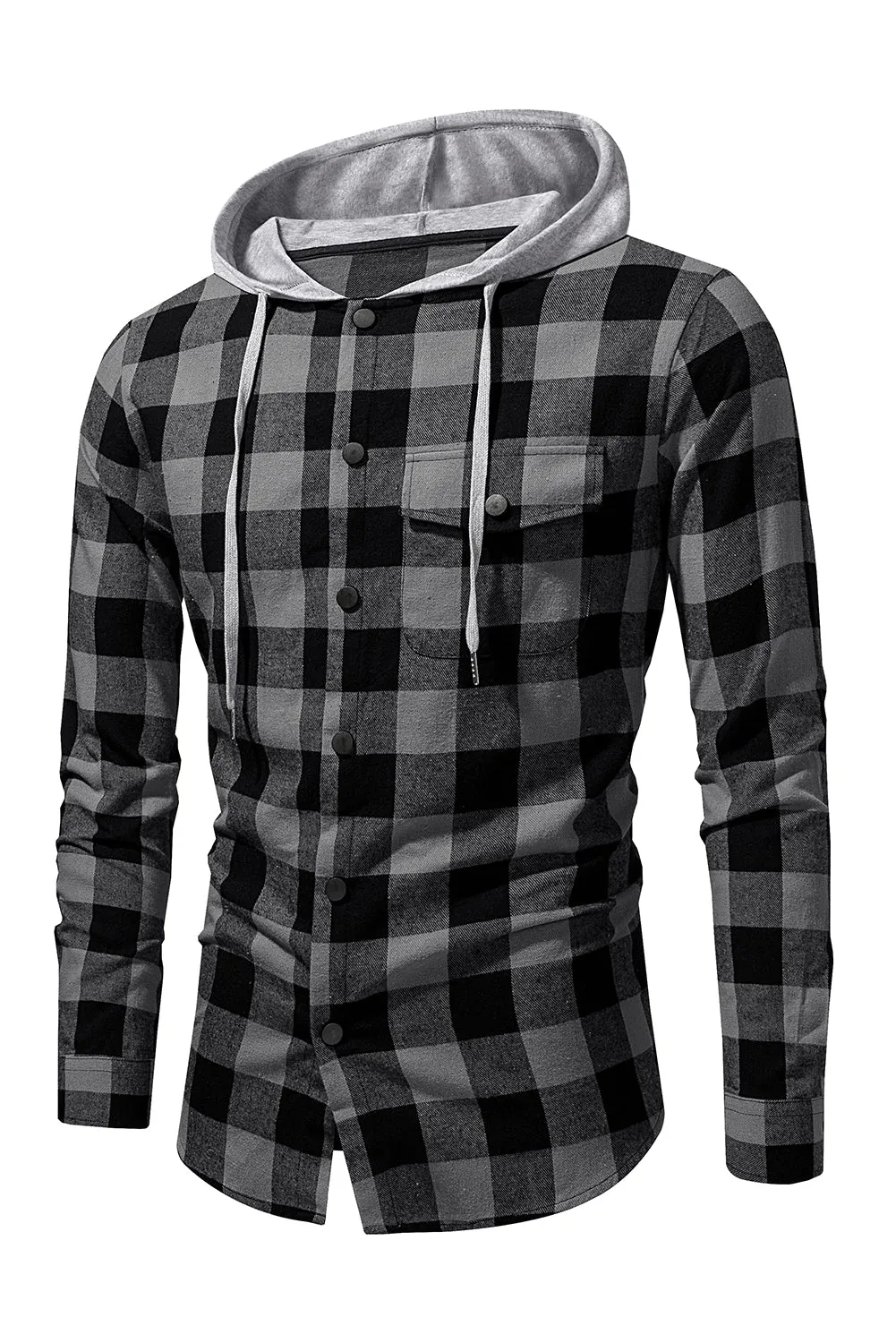 Mens Plaid Printed Drawstring Hooded Shacket