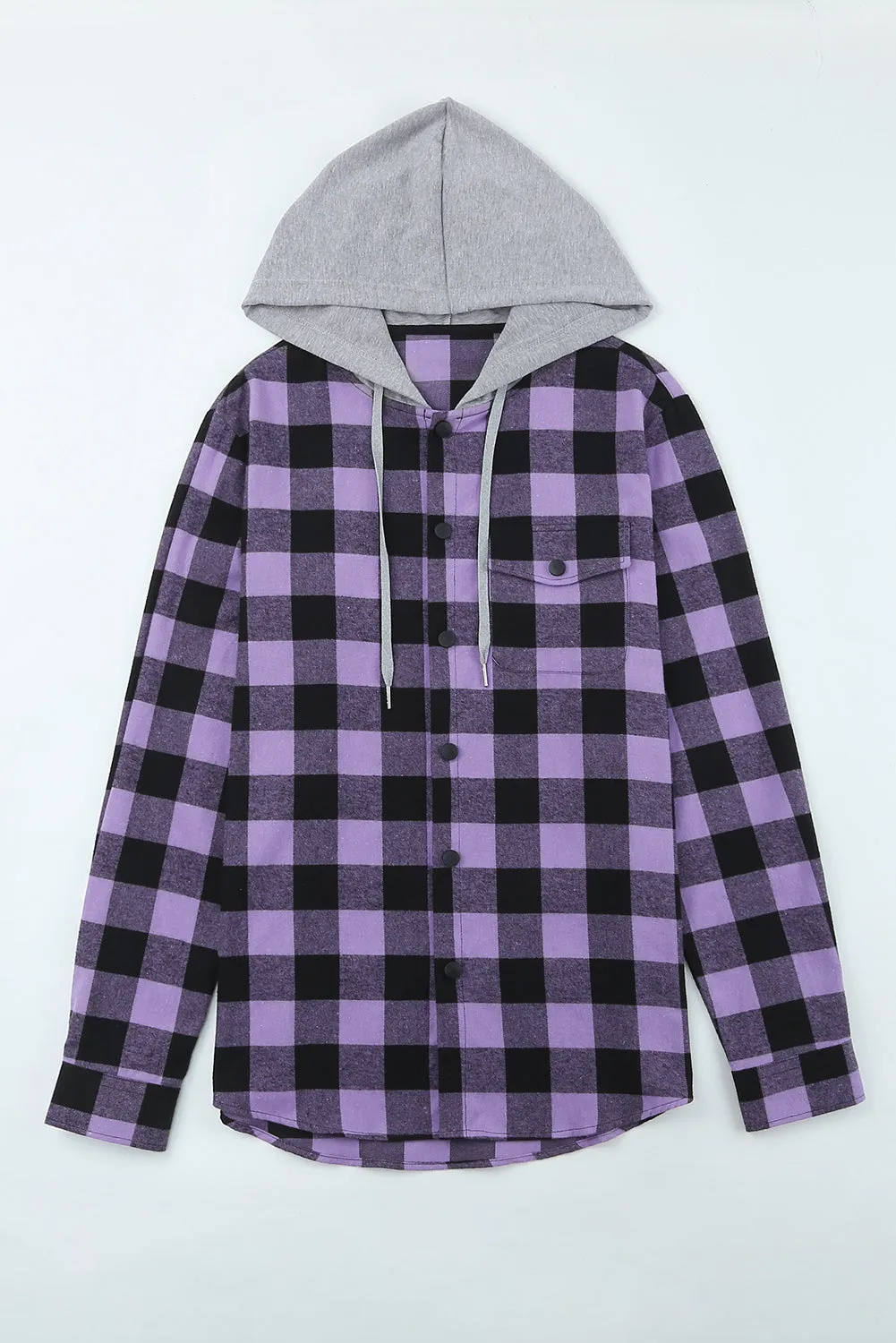 Mens Plaid Printed Drawstring Hooded Shacket