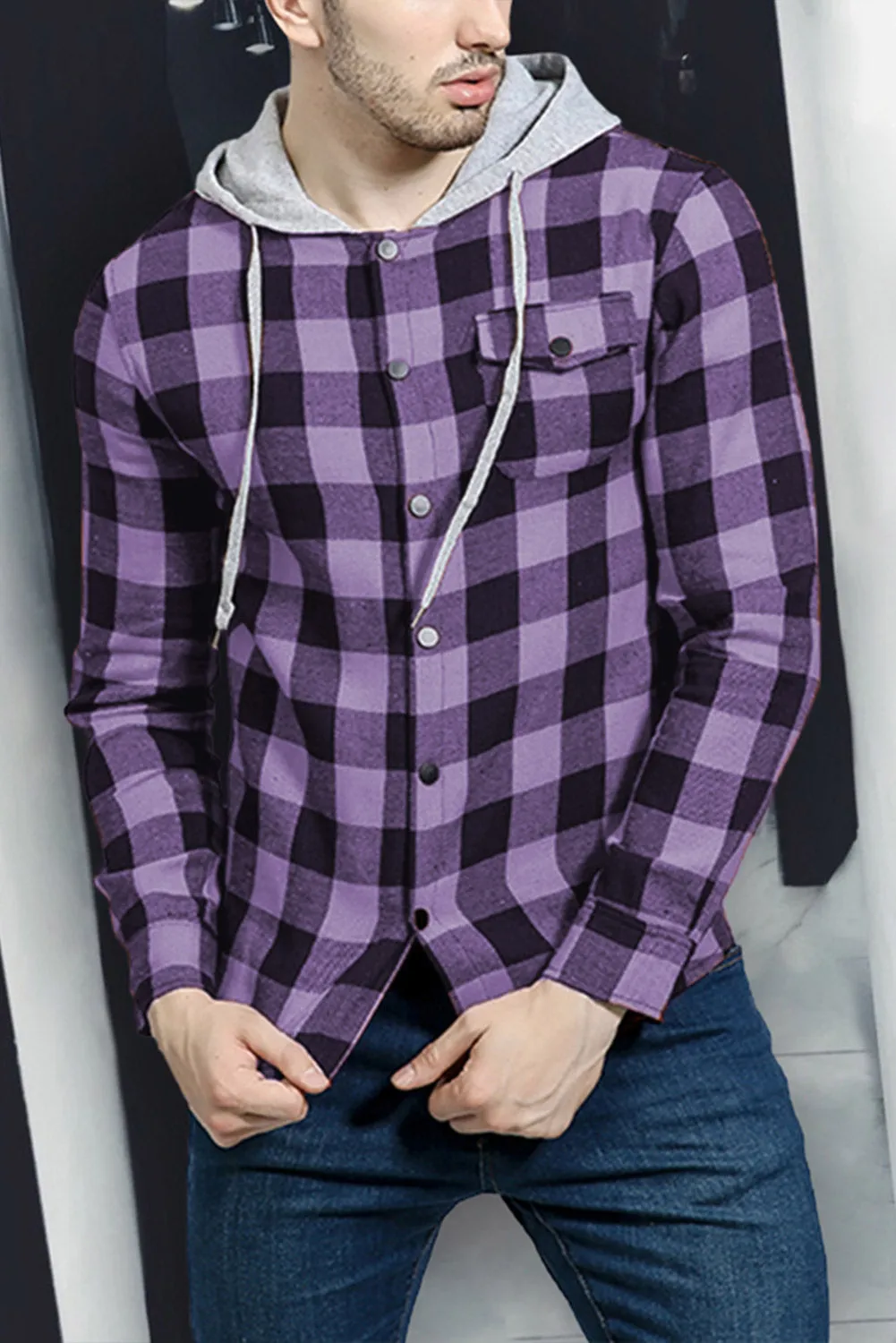 Mens Plaid Printed Drawstring Hooded Shacket