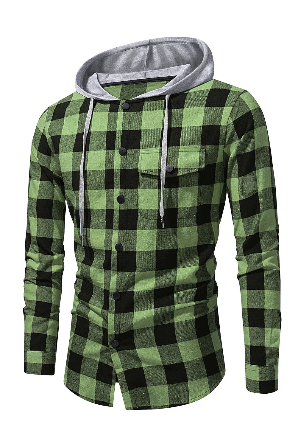 Mens Plaid Printed Drawstring Hooded Shacket