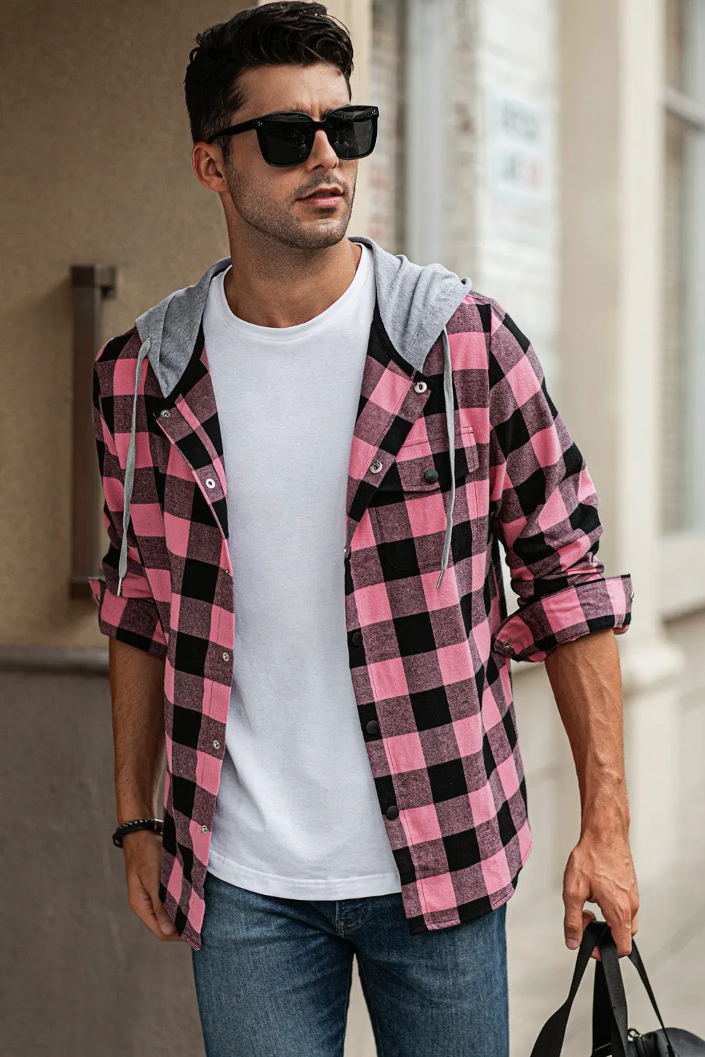 Mens Plaid Printed Drawstring Hooded Shacket