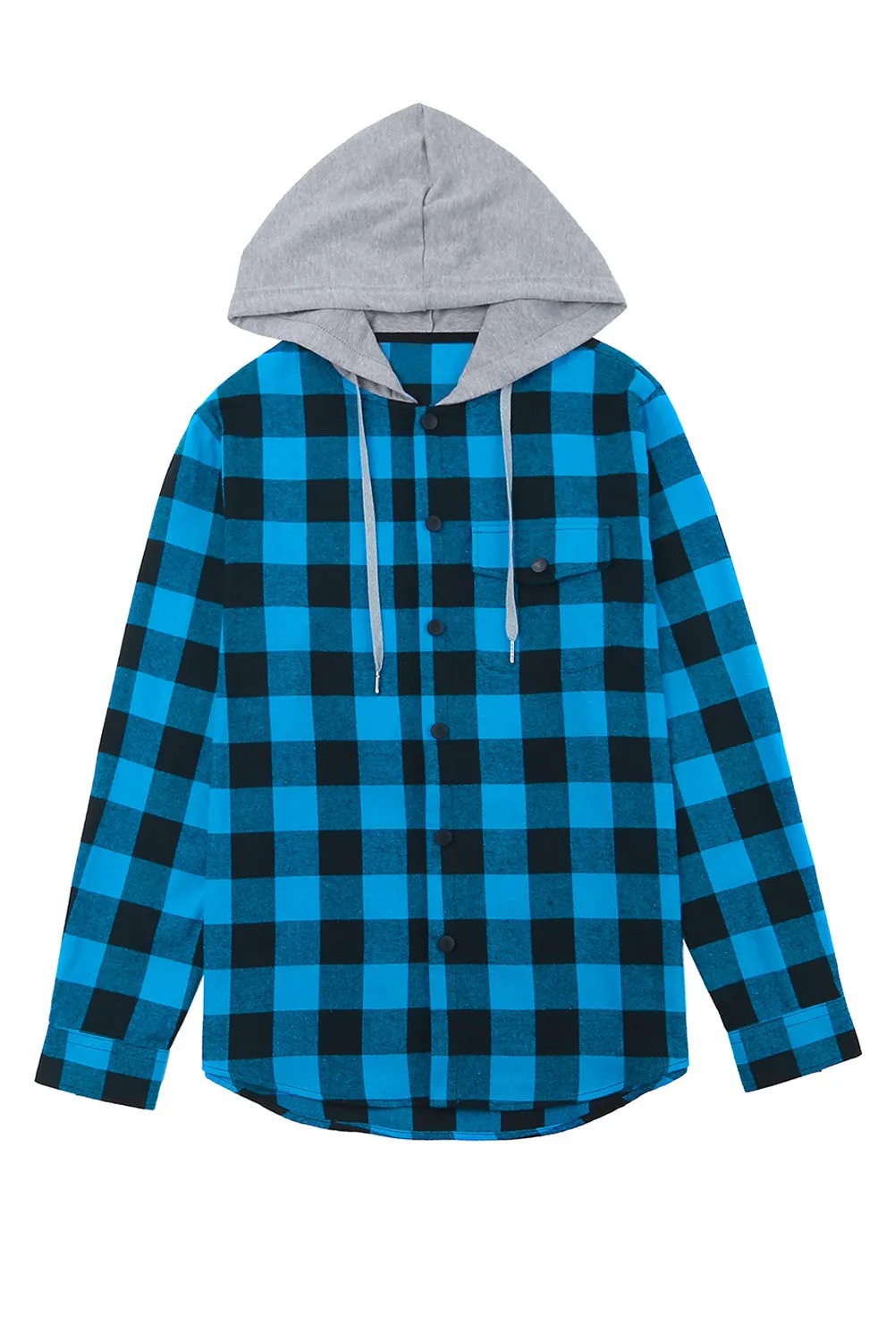 Mens Plaid Printed Drawstring Hooded Shacket