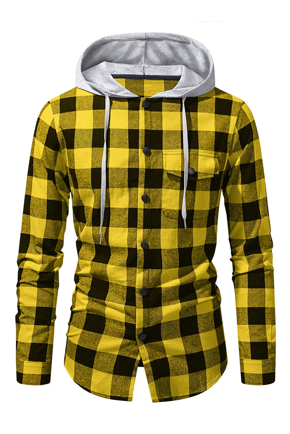 Mens Plaid Printed Drawstring Hooded Shacket