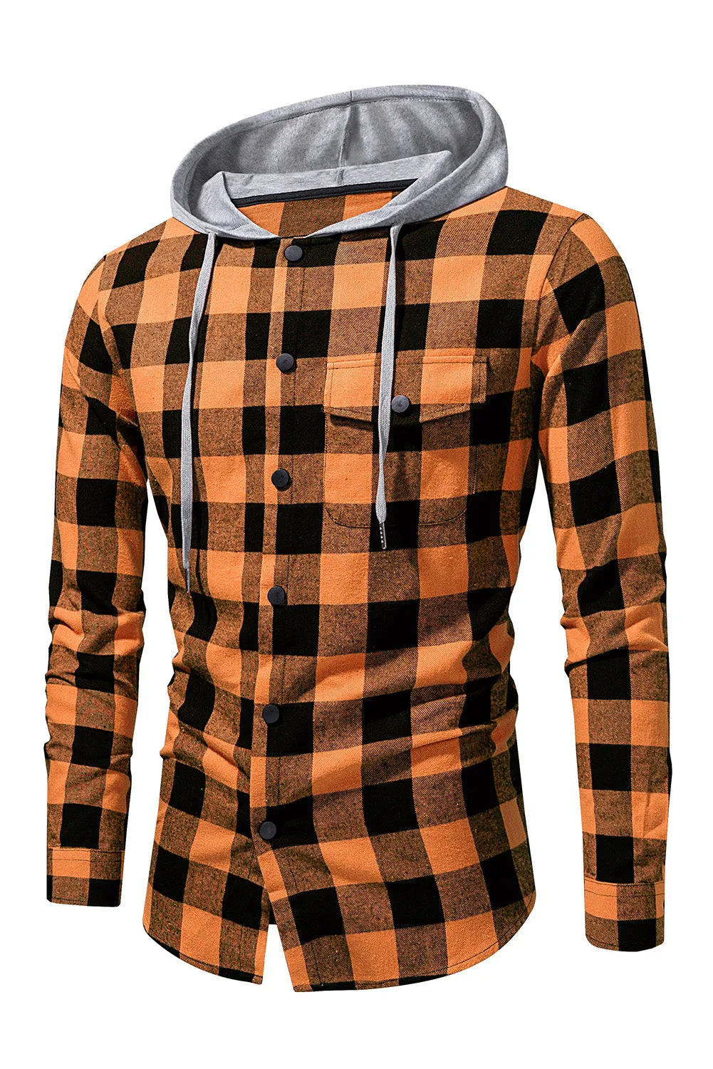 Mens Plaid Printed Drawstring Hooded Shacket