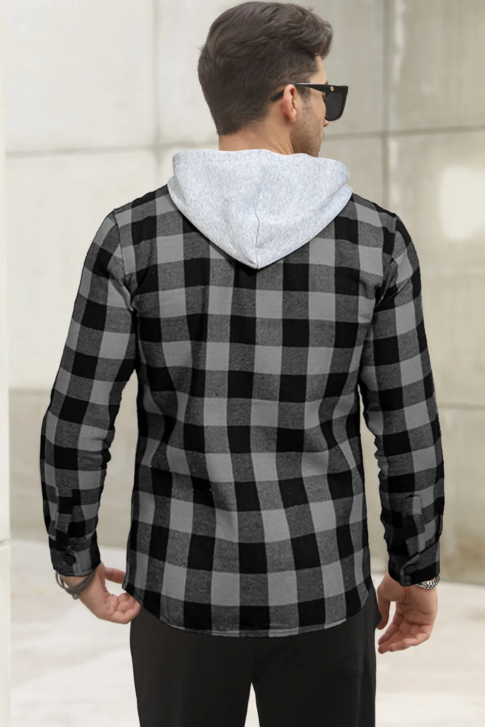 Mens Plaid Printed Drawstring Hooded Shacket
