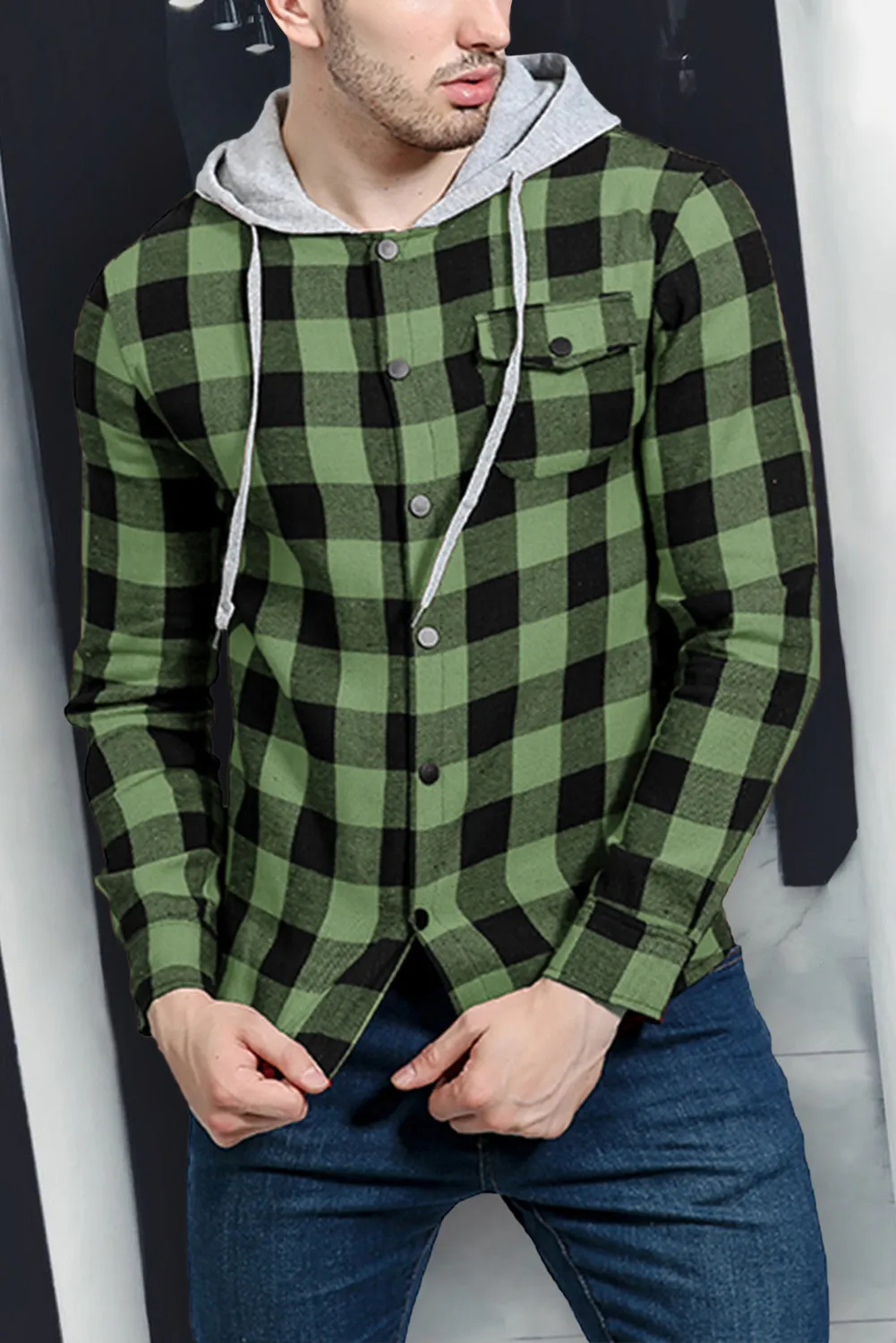 Mens Plaid Printed Drawstring Hooded Shacket