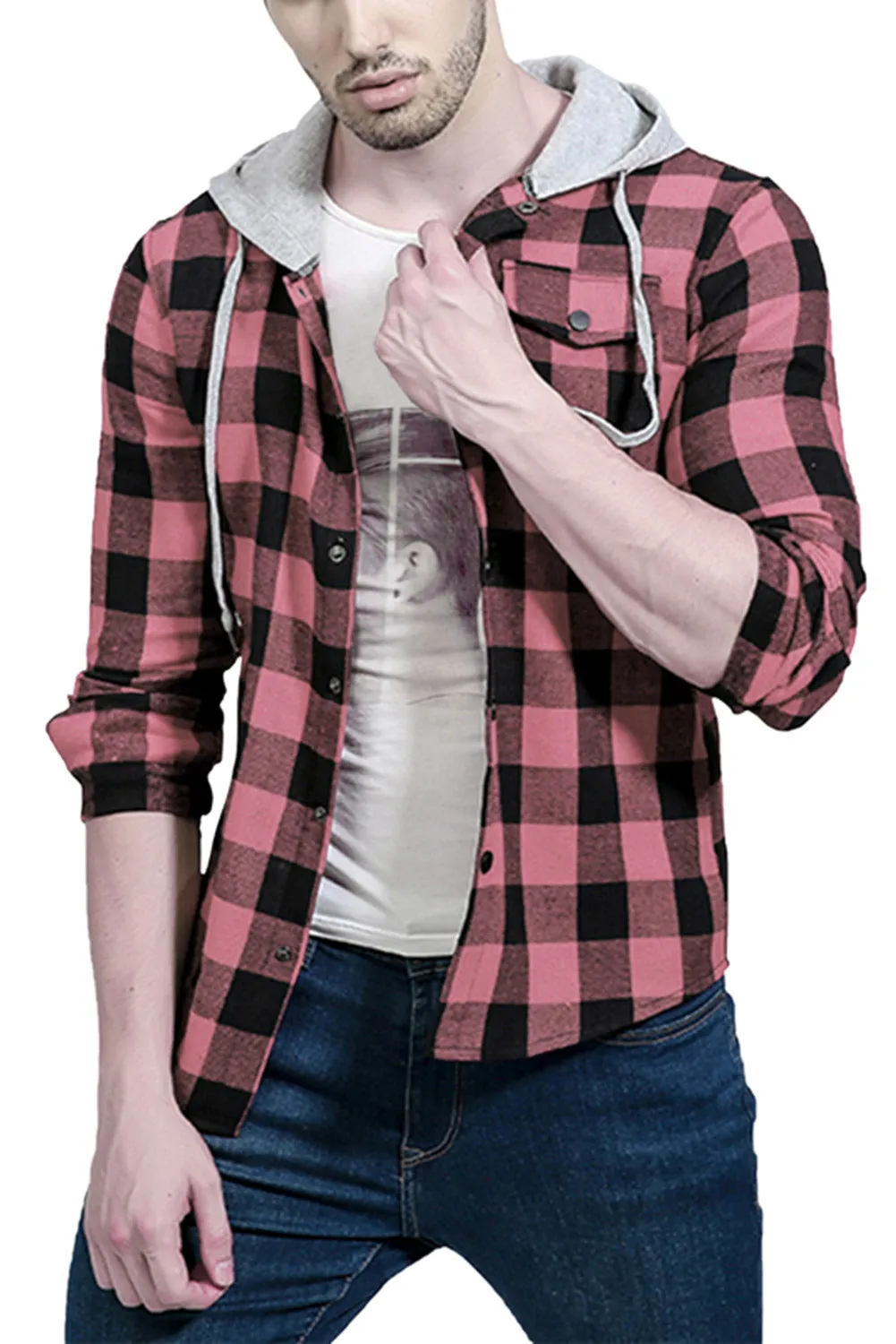 Mens Plaid Printed Drawstring Hooded Shacket