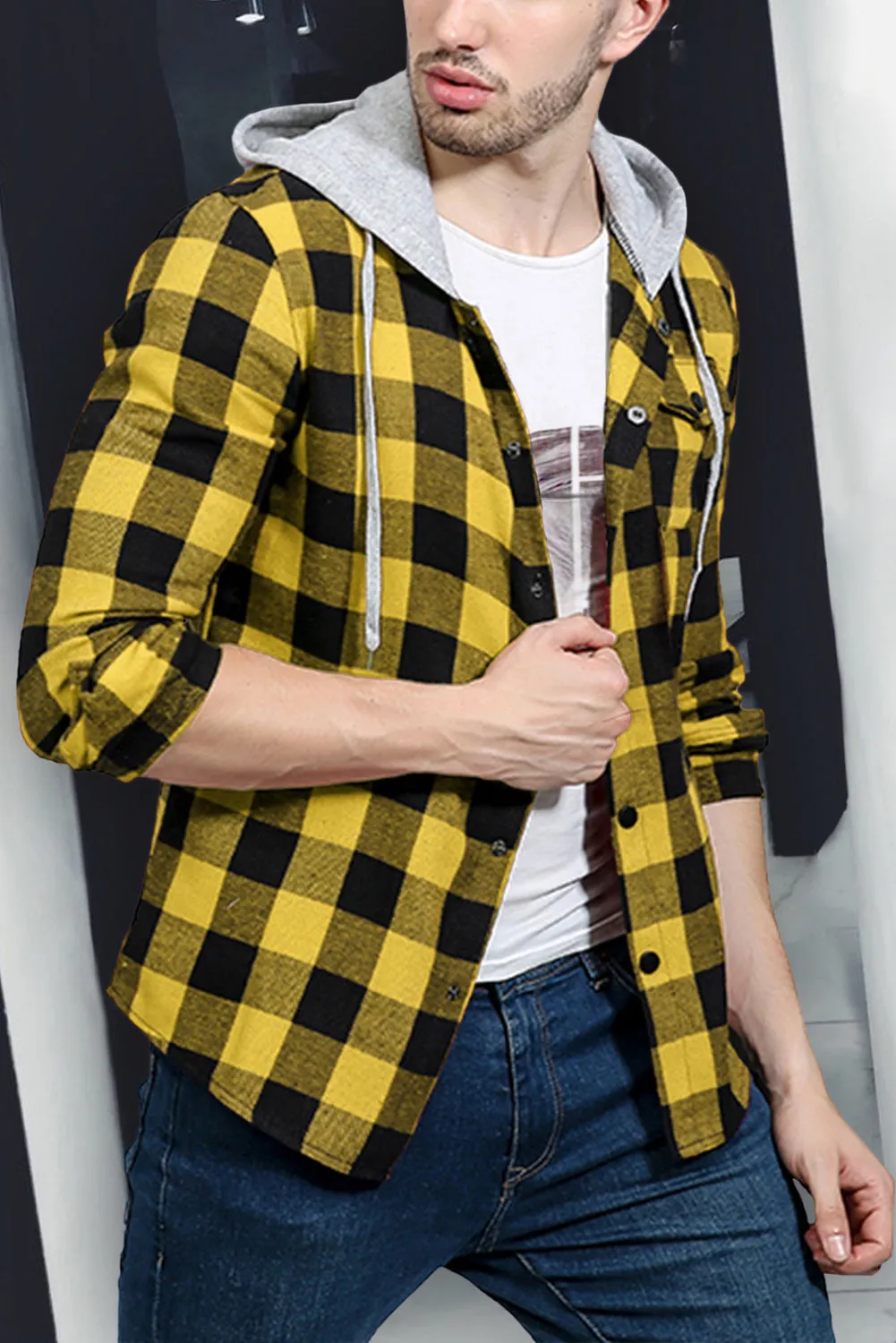 Mens Plaid Printed Drawstring Hooded Shacket