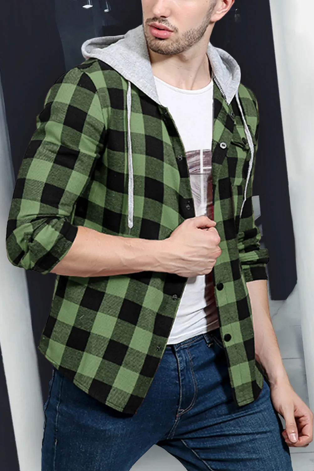 Mens Plaid Printed Drawstring Hooded Shacket