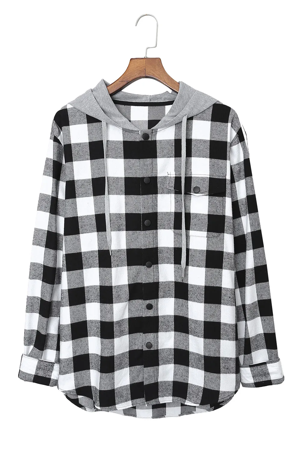 Mens Plaid Printed Drawstring Hooded Shacket