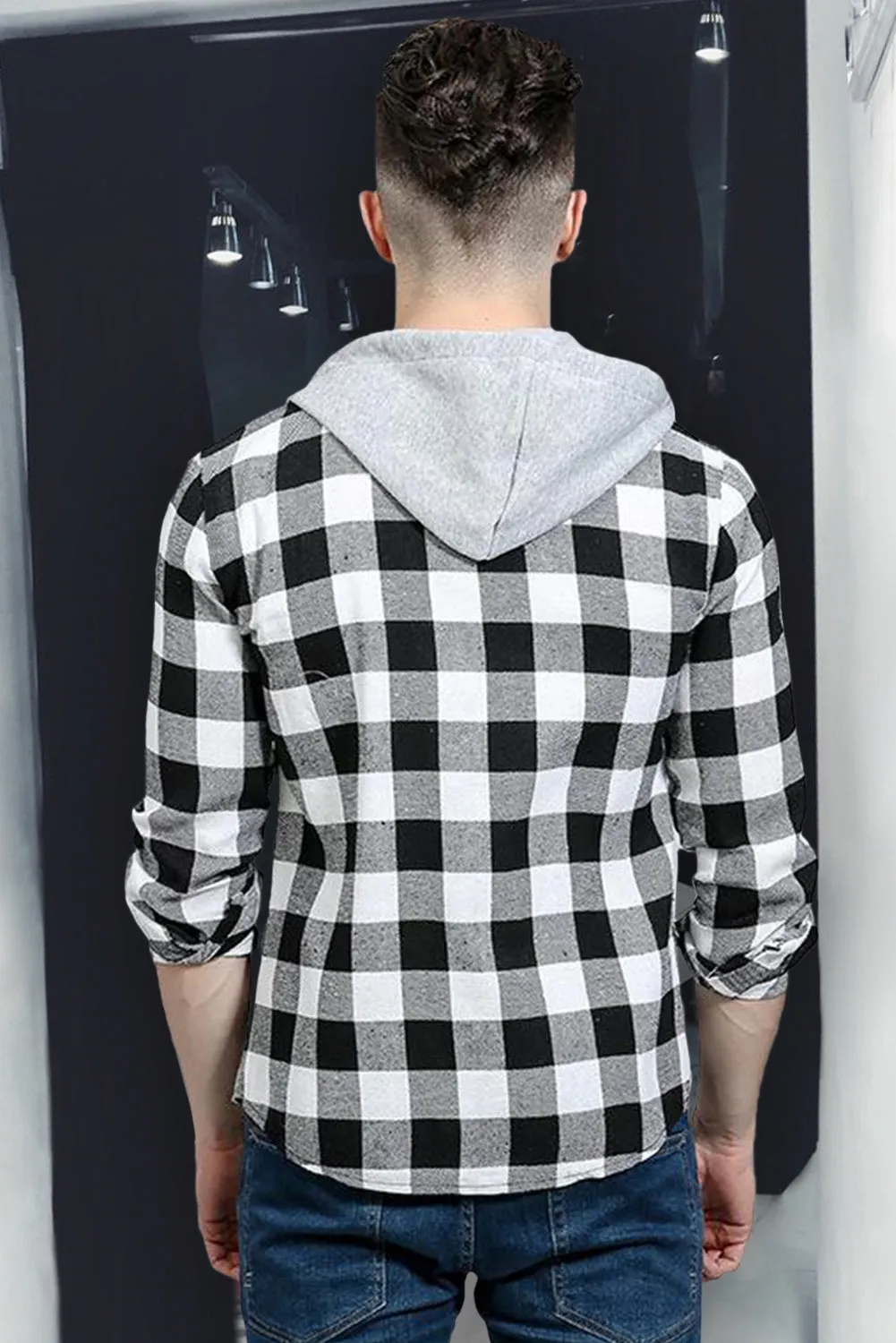 Mens Plaid Printed Drawstring Hooded Shacket