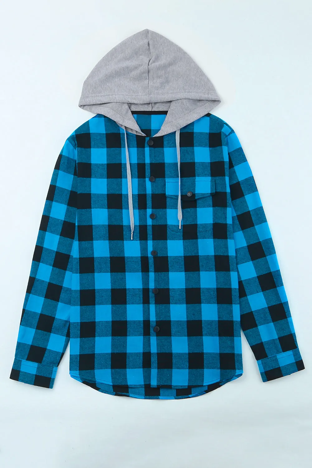 Mens Plaid Printed Drawstring Hooded Shacket