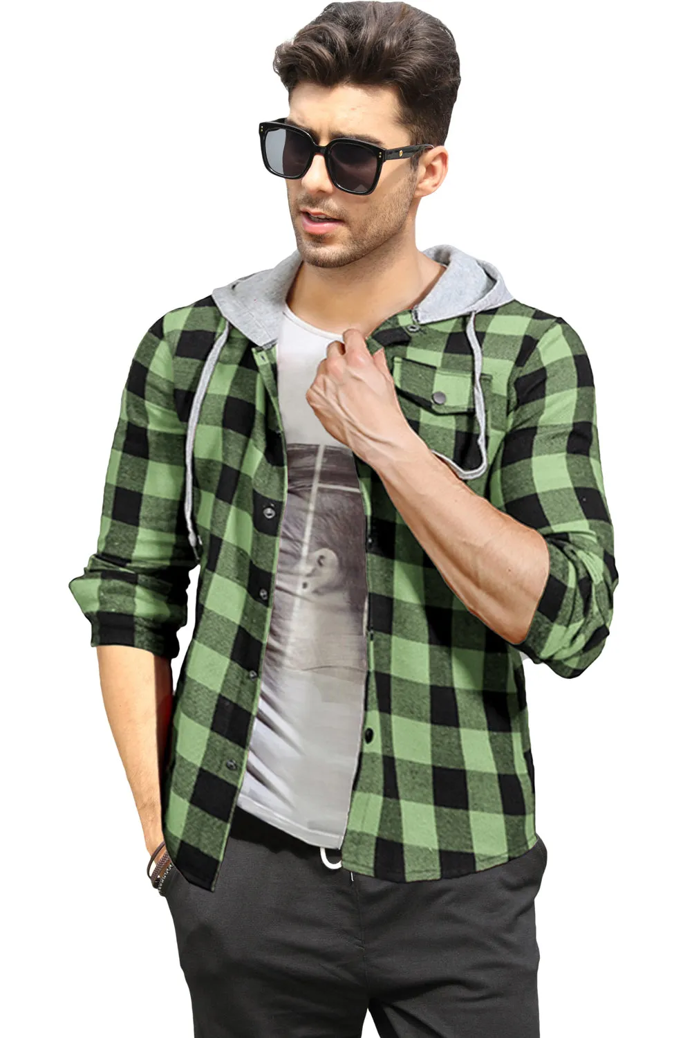 Mens Plaid Printed Drawstring Hooded Shacket