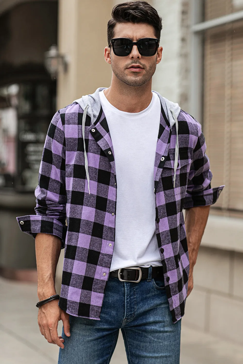 Mens Plaid Printed Drawstring Hooded Shacket