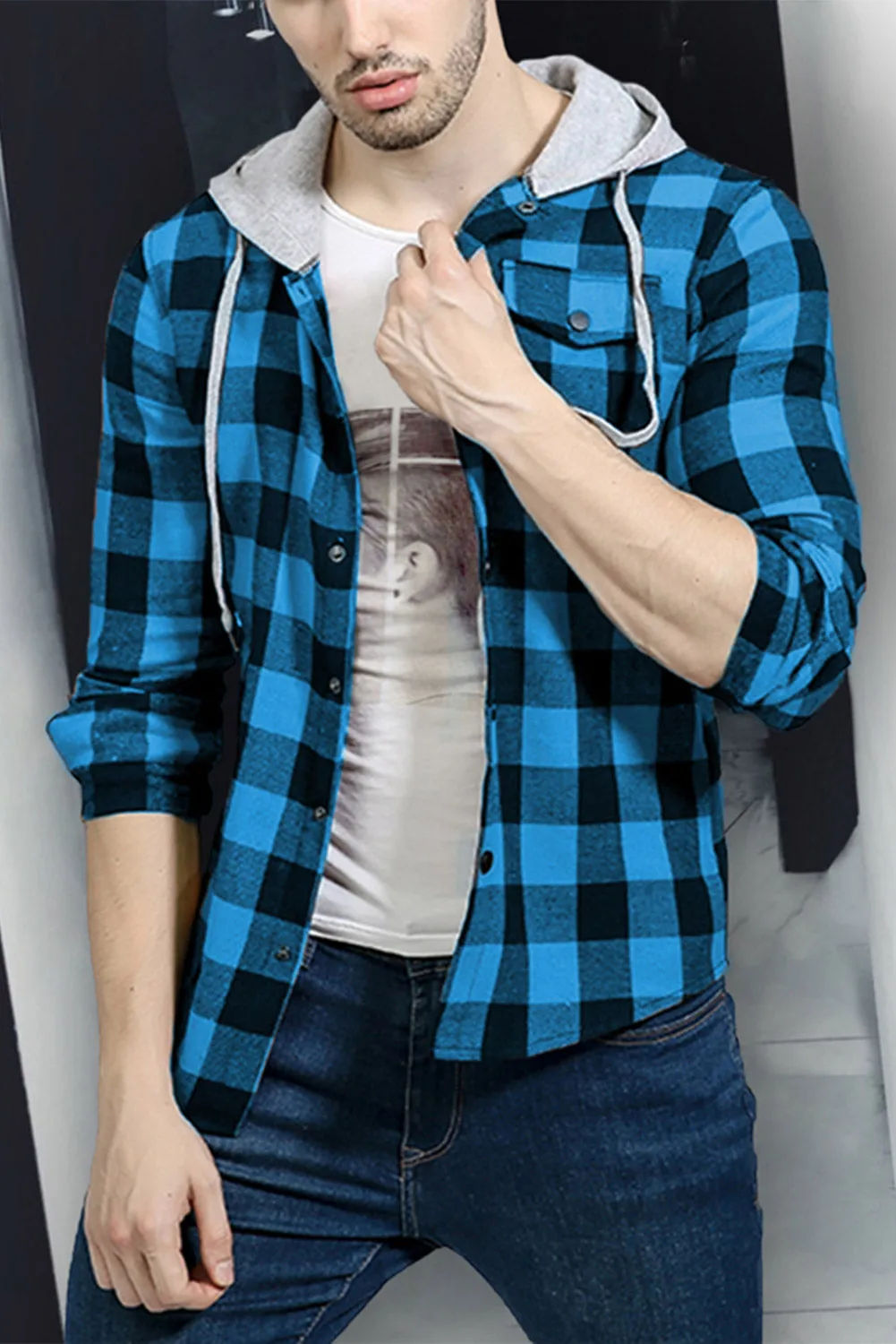 Mens Plaid Printed Drawstring Hooded Shacket