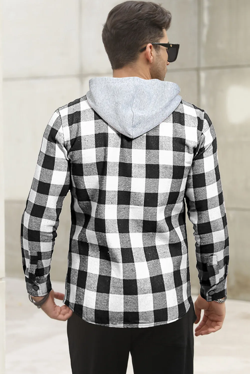 Mens Plaid Printed Drawstring Hooded Shacket