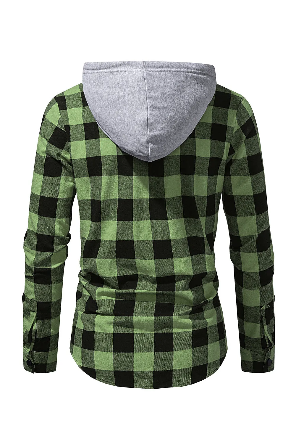 Mens Plaid Printed Drawstring Hooded Shacket