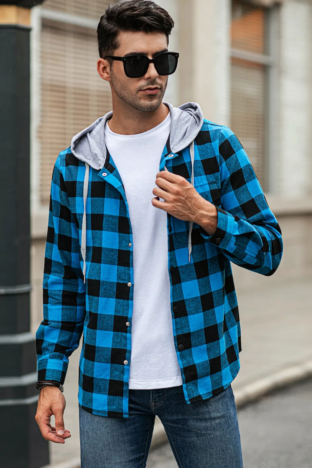 Mens Plaid Printed Drawstring Hooded Shacket