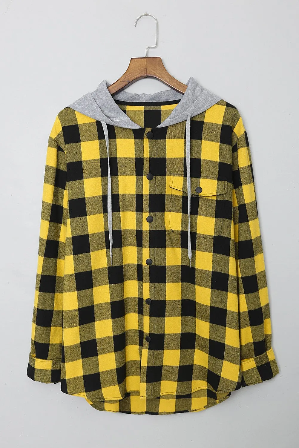Mens Plaid Printed Drawstring Hooded Shacket