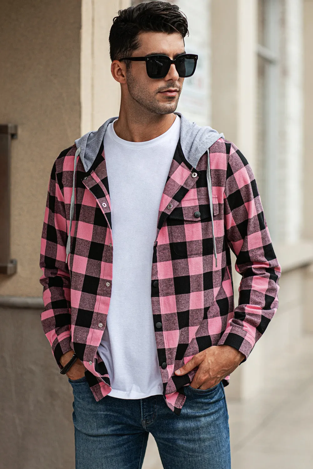Mens Plaid Printed Drawstring Hooded Shacket