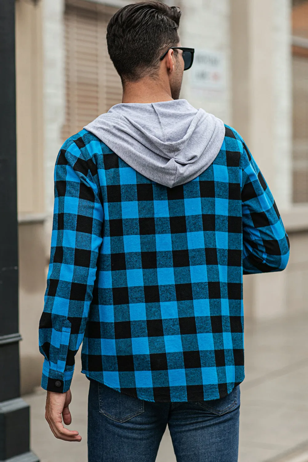 Mens Plaid Printed Drawstring Hooded Shacket