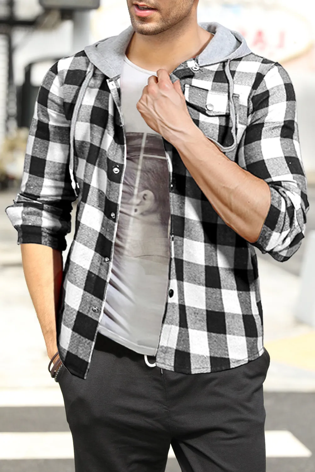 Mens Plaid Printed Drawstring Hooded Shacket