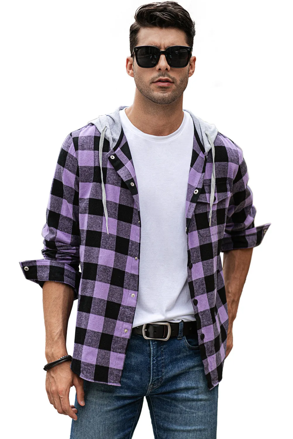 Mens Plaid Printed Drawstring Hooded Shacket