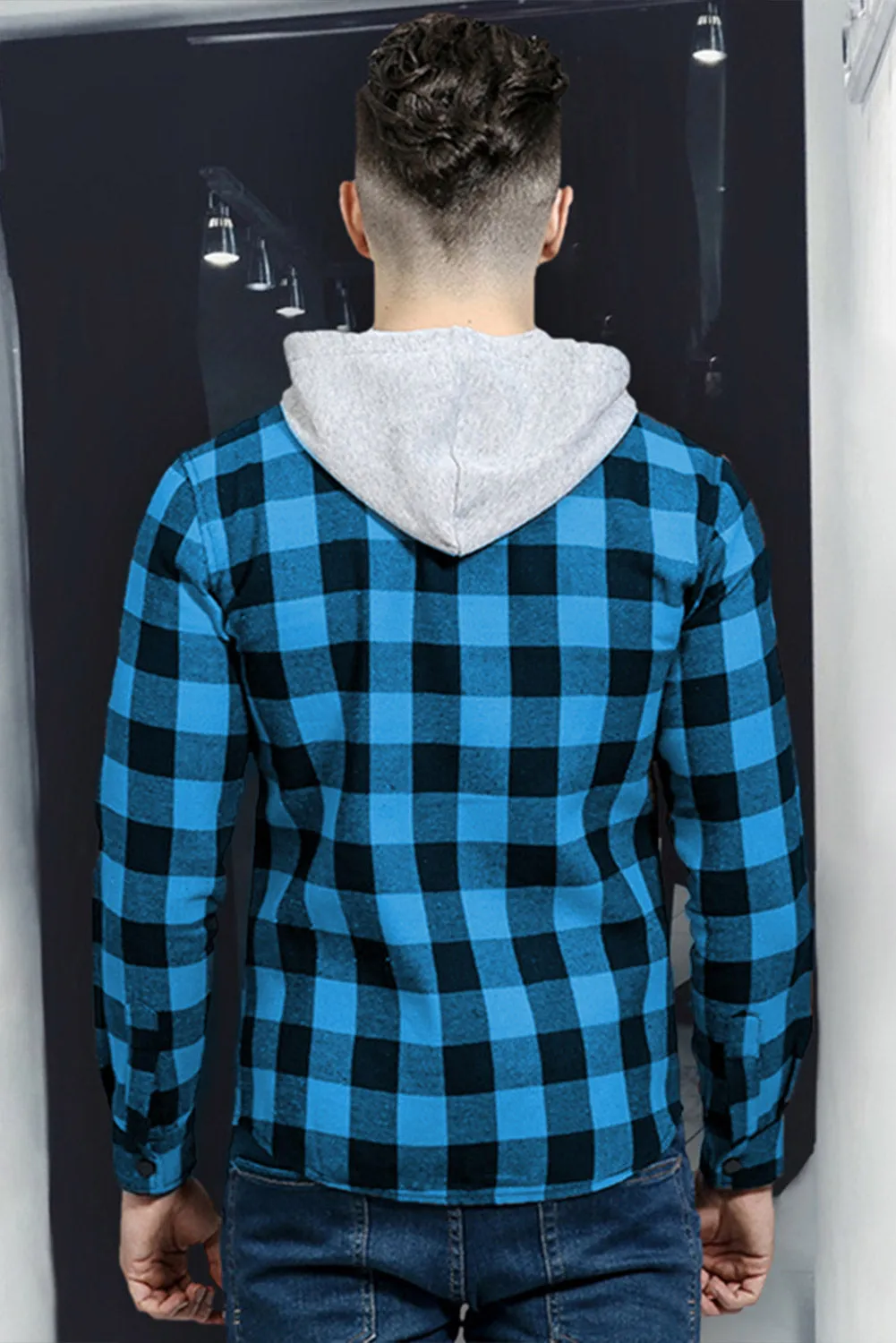 Mens Plaid Printed Drawstring Hooded Shacket