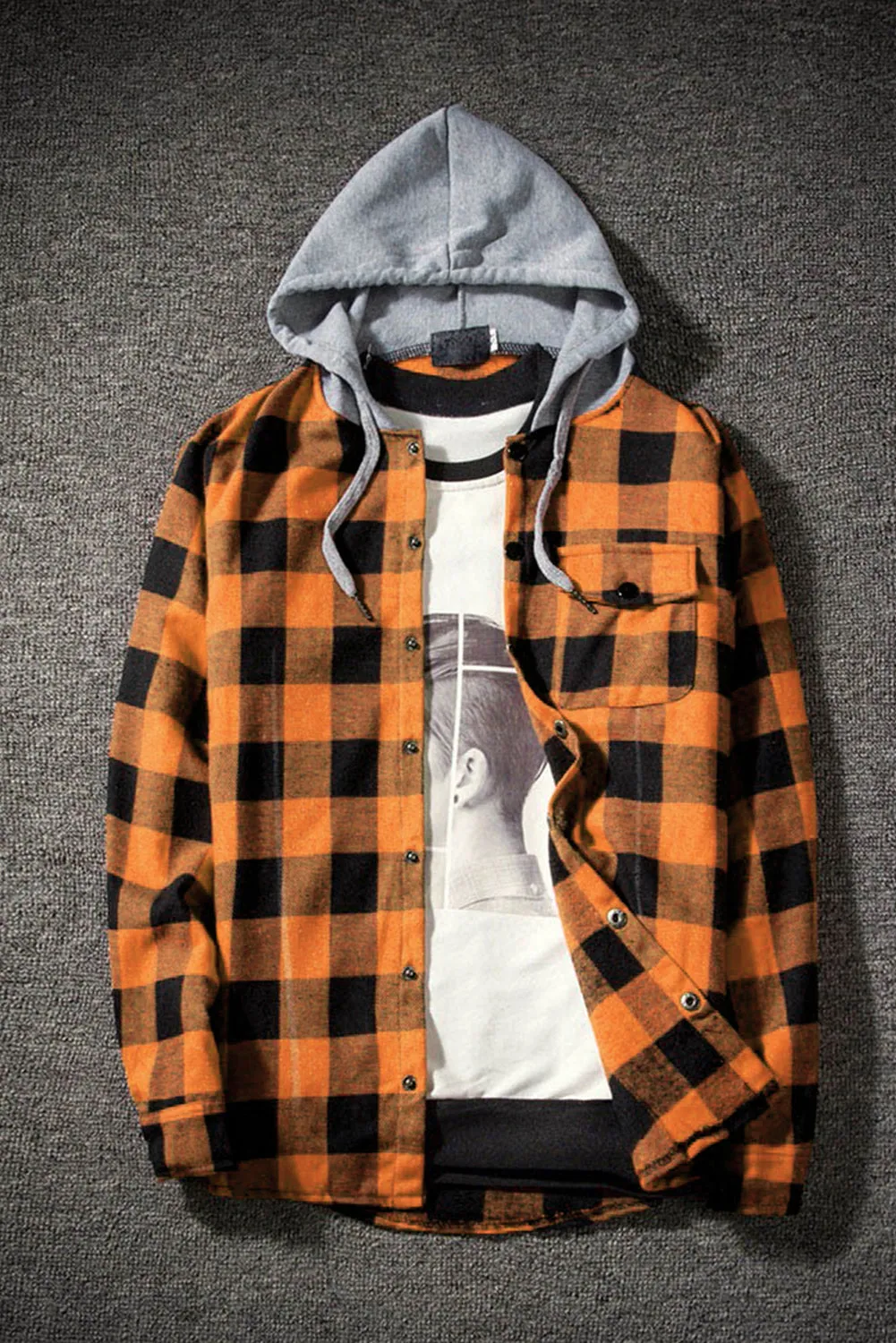 Mens Plaid Printed Drawstring Hooded Shacket