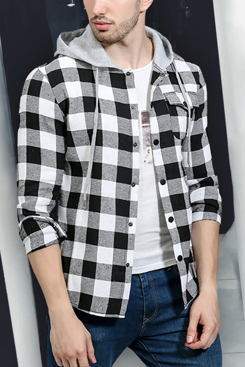 Mens Plaid Printed Drawstring Hooded Shacket