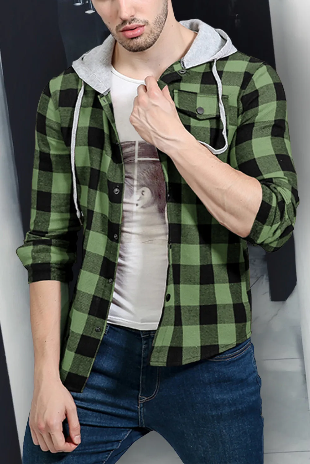 Mens Plaid Printed Drawstring Hooded Shacket