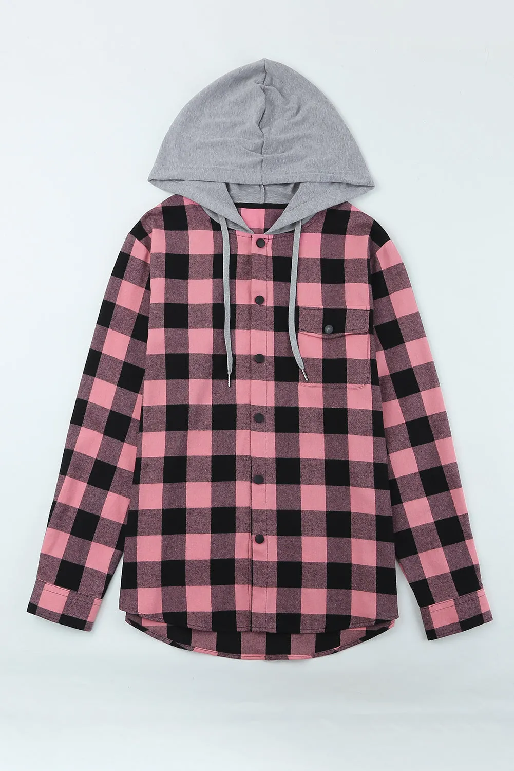 Mens Plaid Printed Drawstring Hooded Shacket