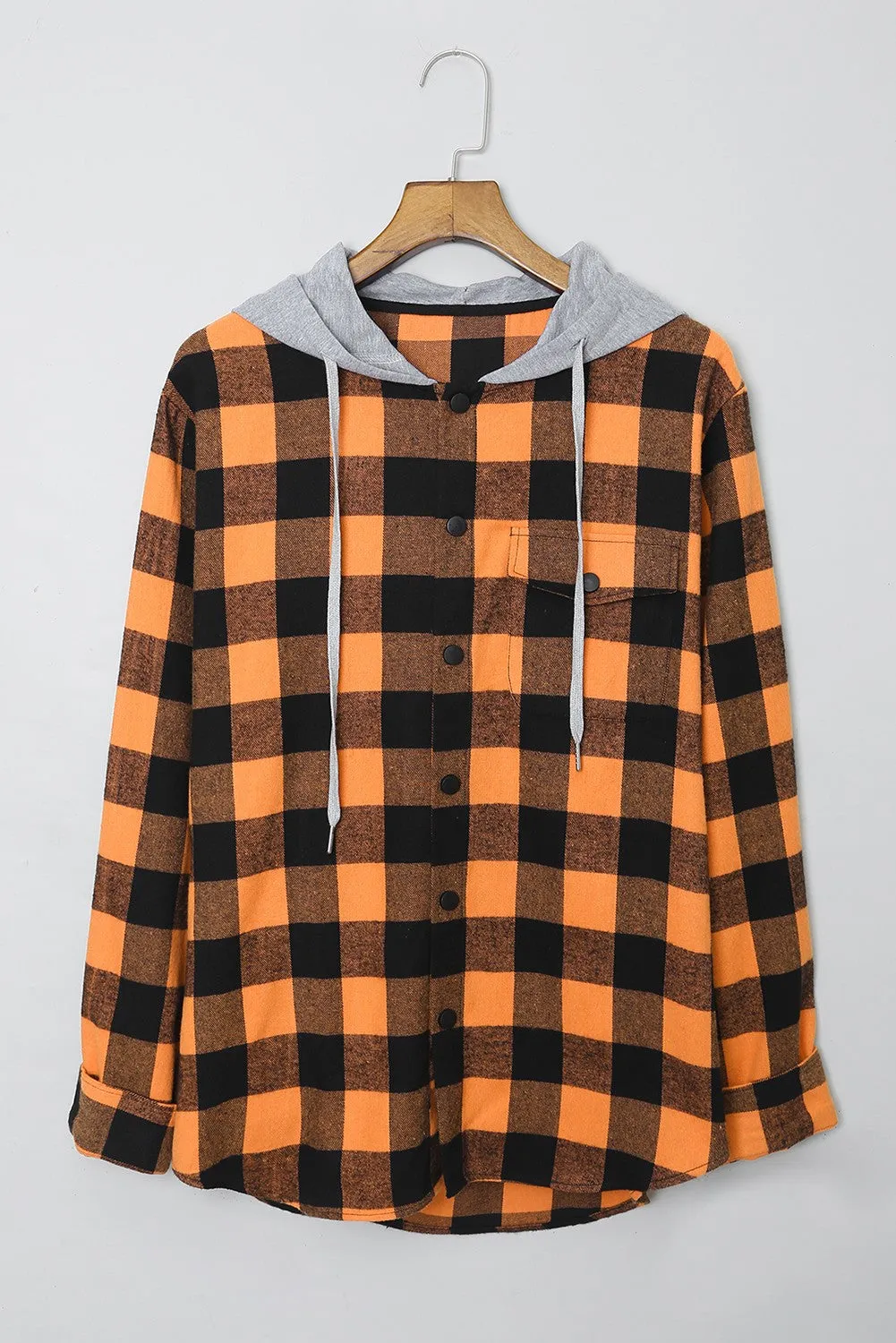 Mens Plaid Printed Drawstring Hooded Shacket