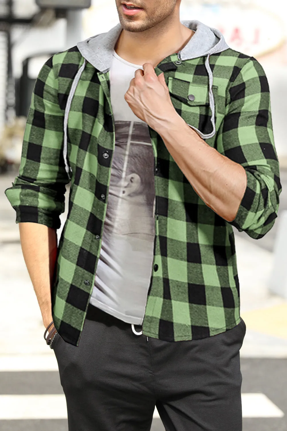 Mens Plaid Printed Drawstring Hooded Shacket