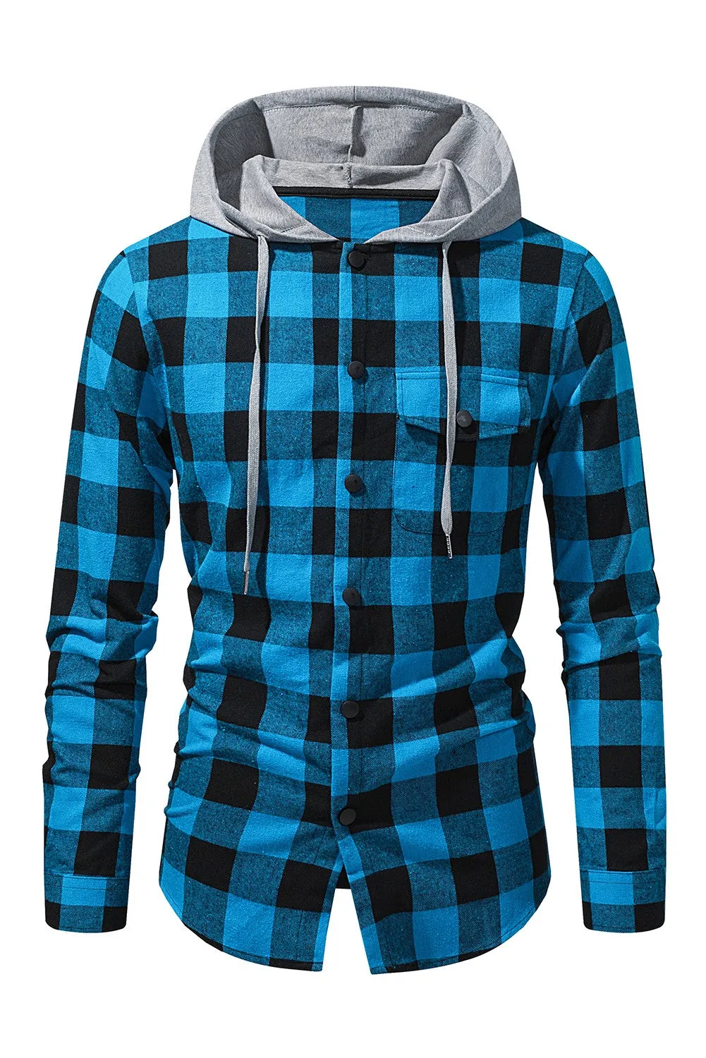 Mens Plaid Printed Drawstring Hooded Shacket