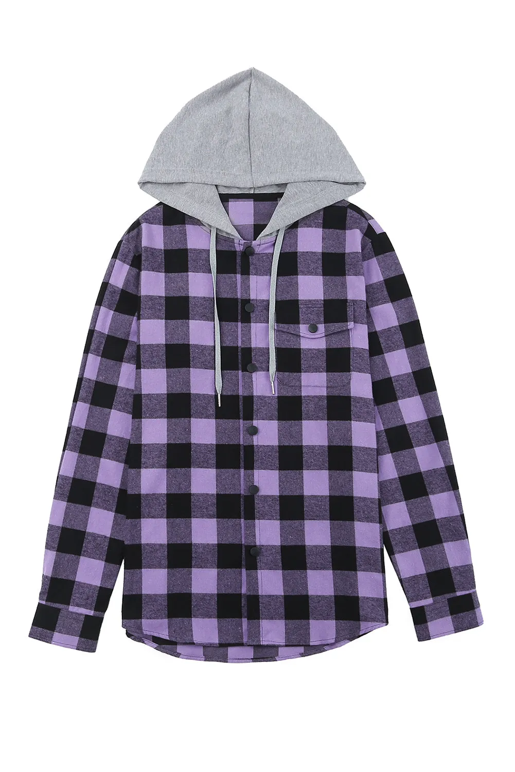 Mens Plaid Printed Drawstring Hooded Shacket