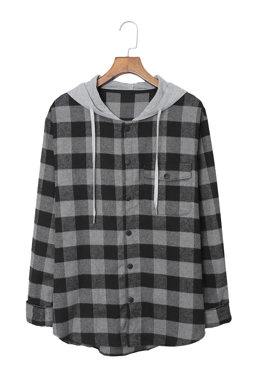 Mens Plaid Printed Drawstring Hooded Shacket