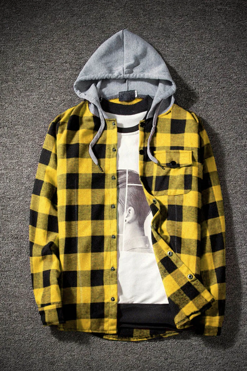 Mens Plaid Printed Drawstring Hooded Shacket